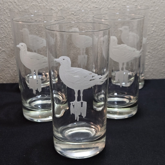 Vintage Etched Seagull Highball Glass Set